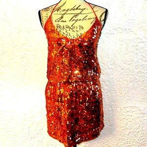 🌙Stunning Studio 54 Style Rose Gold Sequined Halter Dress